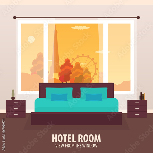 Hotel Room. View from the window. Travelling nad trip. Vector flat illustration.