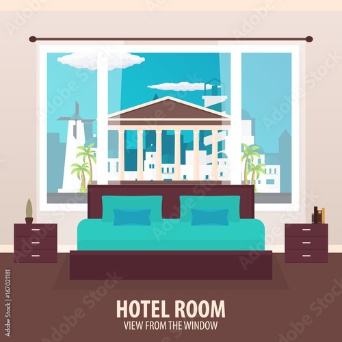 Hotel Room. View from the window. Travelling nad trip. Vector flat illustration.