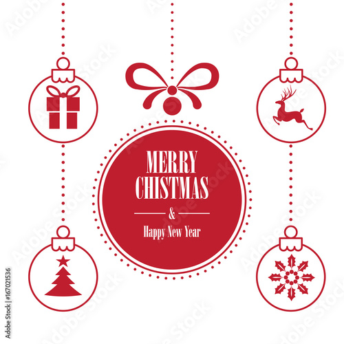 Various hanging Christmas ornaments with text Merry Christmas and Happy New Year on Red Background. Greeting Card Template.