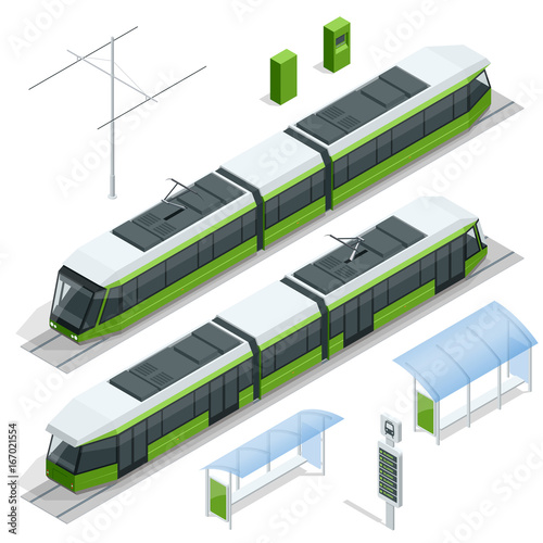 Set of isometric passenger Tram Train, Streetcar City Electric transport Streetcar Isolated on white Modern Urban Tramcar, Light rail train for branding identity and advertising design