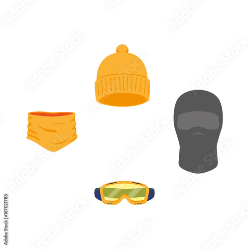 vector snowboarding equipment set - cap balaclava goggles mask flat icon. Isolated illustration on a white background. Snowboard, ski winter activity equipment, tools object design.