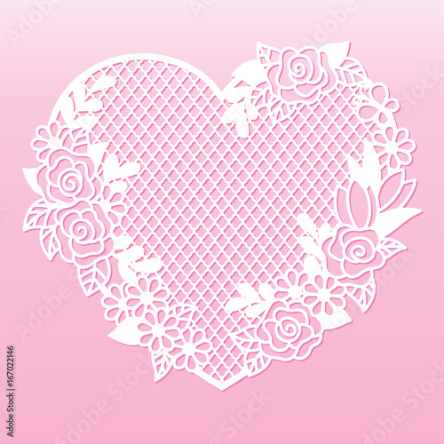 Openwork heart with roses. Laser cutting template for decoration, greeting cards, interior decorative elements..
