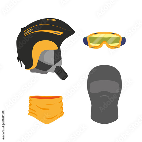 vector snowboarding head equipment set - helmet goggles mask balaclava scarf flat icon. Isolated illustration on a white background. Snowboard, ski winter activity equipment, tools object design.