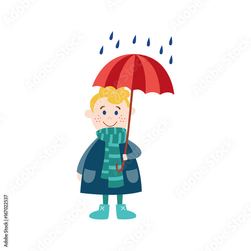 vector boy child wearing rubber boots, scarf blue jacket staying under rain keeping umbrella in hand. cartoon isolated illustration on a white background. Autumn activity kids concept