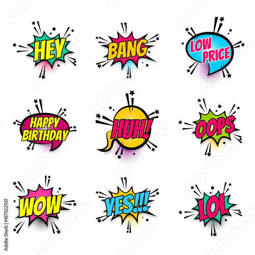 Comic text speech bubble pop art set