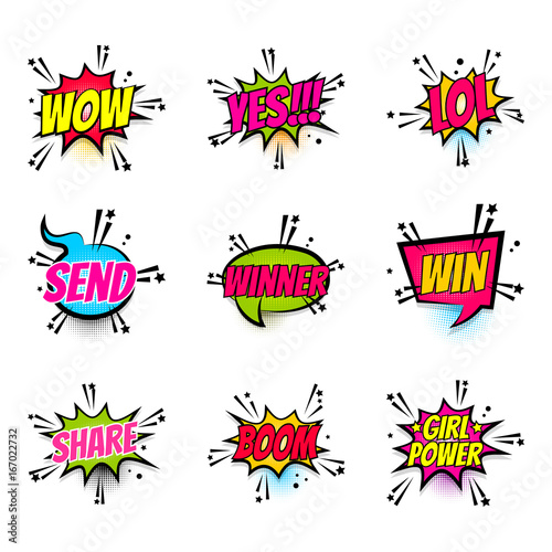 Comic text speech bubble pop art set girl power