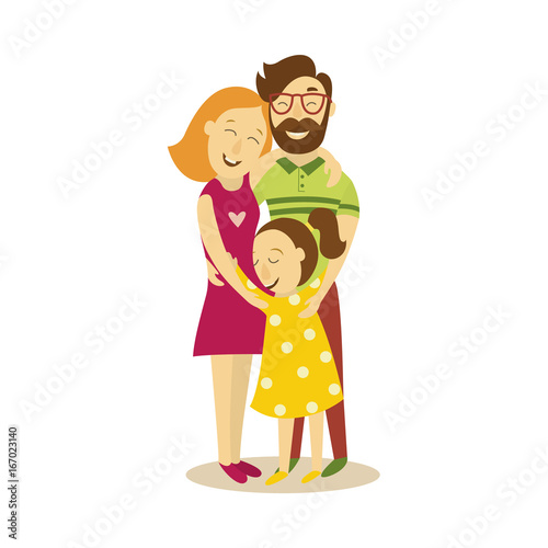 vector full family hugging. Flat cartoon isolated illustration on a white background. Adult couple and young girl daughter hug each other happily. Happy family hugs concept
