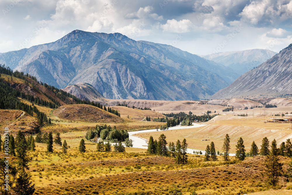 Landscape with The famous mountain river valley Chuya in Altai, Siberia, Russia