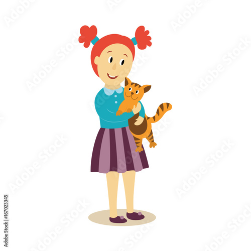 vector young girl hugs cuddles her cat flat isolated illustration on a white background. Child, kid in striped skirt embracing her pet with love. Happy family hugs concept