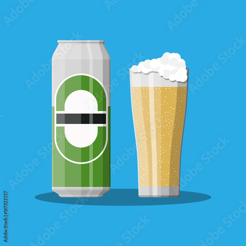 Can of beer with glass. Beer alcohol drink.