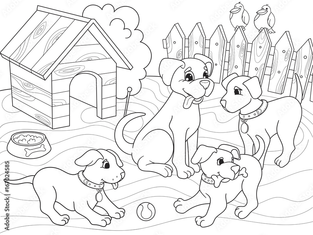 Childrens coloring book cartoon family on nature. Mom dog and puppies ...