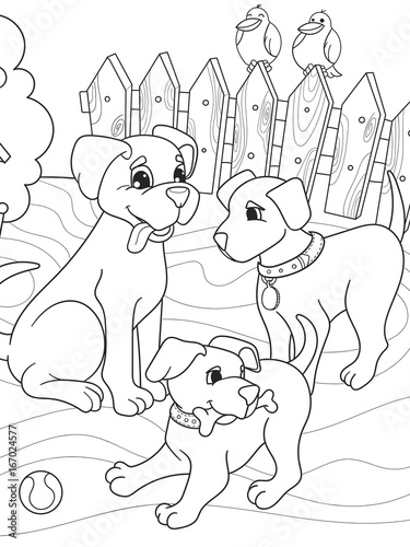 Childrens coloring book cartoon family on nature. Mom dog and puppies children
