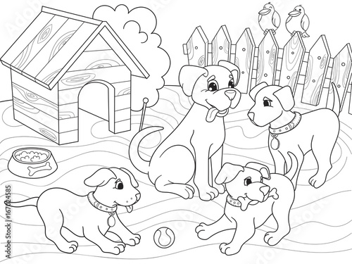 Childrens coloring book cartoon family on nature. Mom dog and puppies children