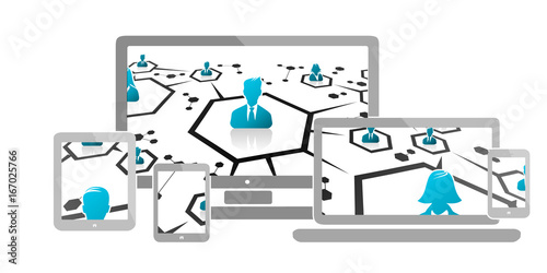 Network abstract concept with colorful blue silhouettes, mobile phone, tablet, computer and laptop