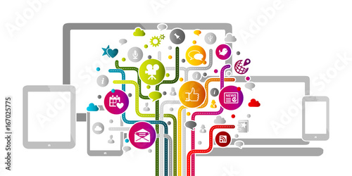Social media abstract concept with internet icons over electronics background