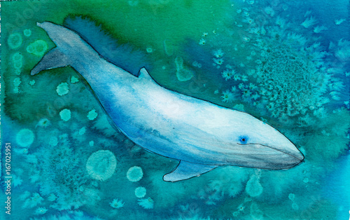 Watercolor whale in ocean