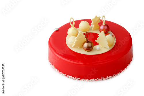 cake with red glaze on isolated white background photo