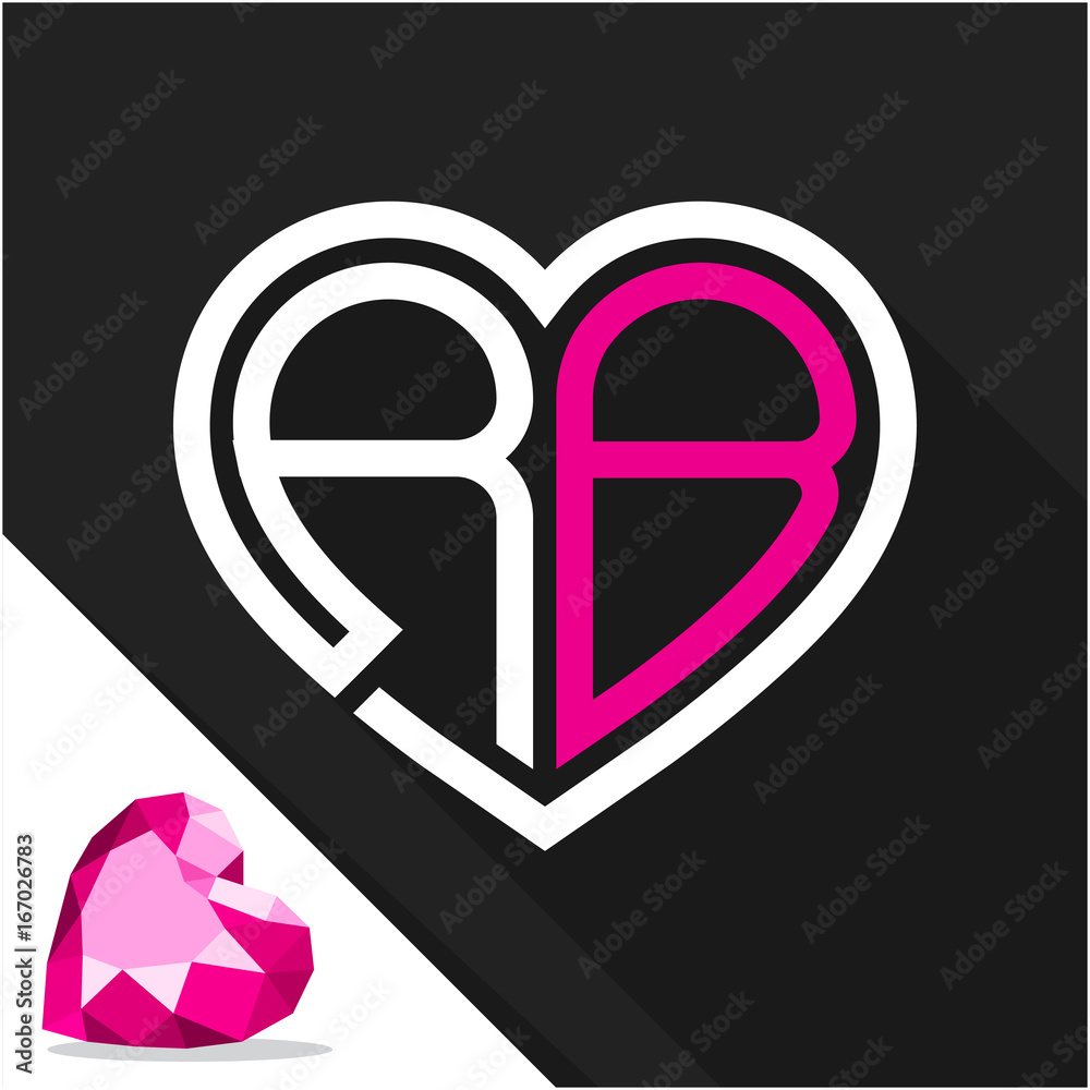 Icon logo heart shape with combination of initials letter R & B ...
