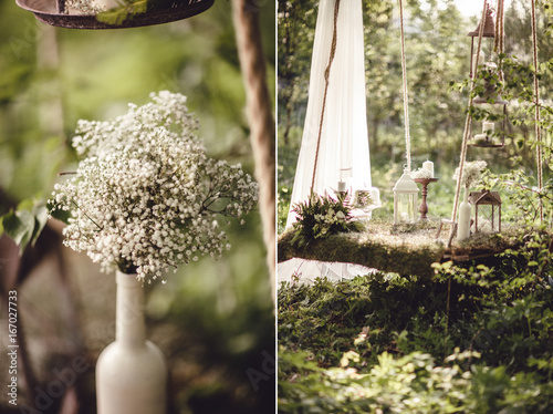 Wedding decor with flowers and candles in the forest