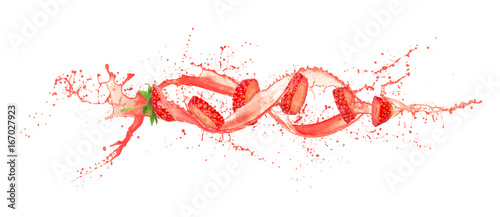 Ripe strawberry slices with juice wave isolated on white background