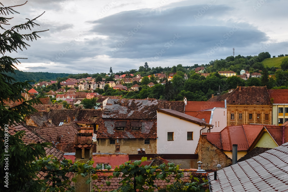 Cityscape view of old and historic european town Sighisoara, Romania