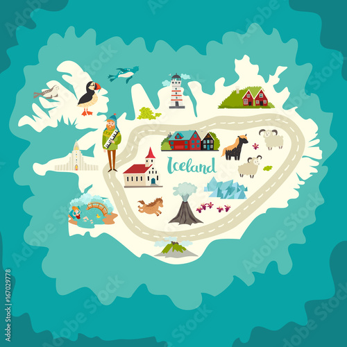 Iceland map landmarks. Handdrawn vector illustration. Landmark of Iceland illustrated travel poster. Church, houses, lighthouse and moss