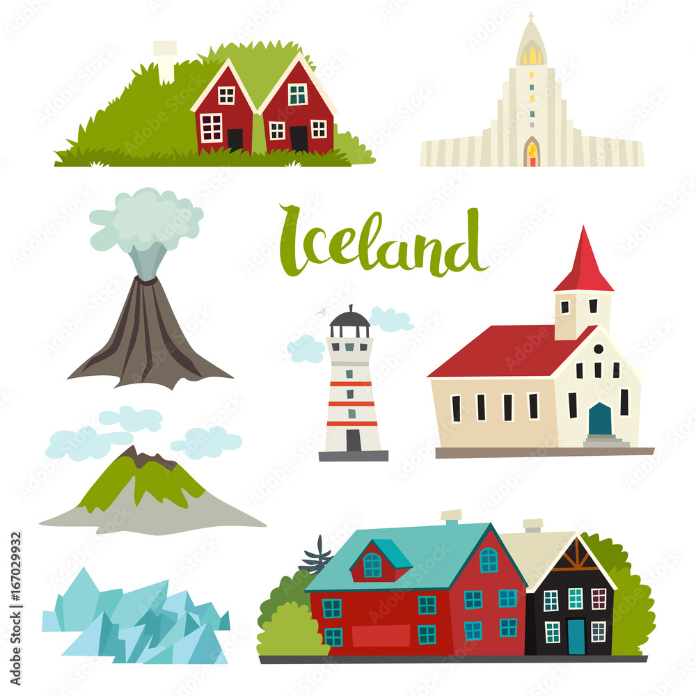 Iceland icons vector collection. Icelandic landmarks for kid. Handdrawn vector illustration