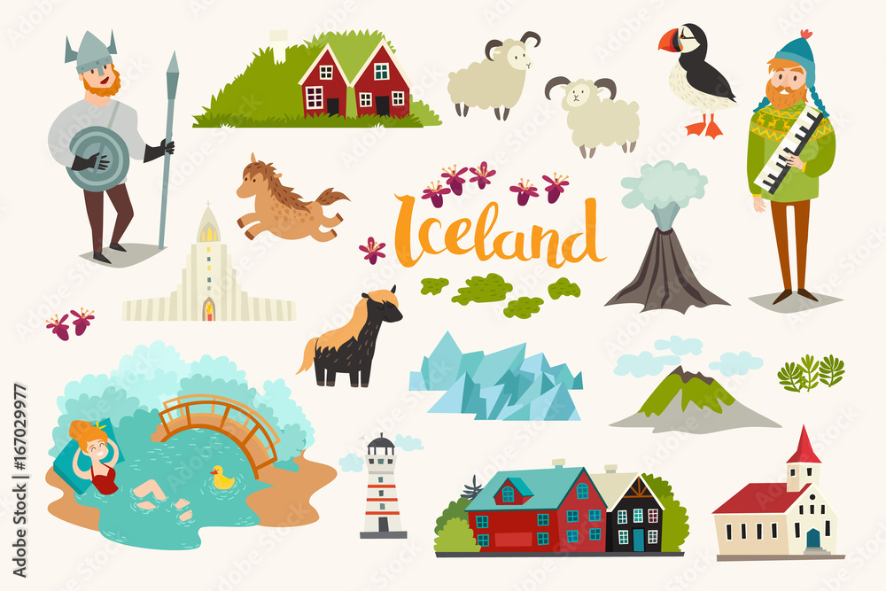 Iceland landmarks vector icons set. Illustrated travel collection. Icelandic travel attraction, isolated on white background