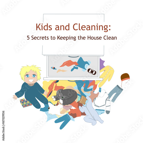 Open Dresser Drawer and a baby with messy clothing on the floor. Vector illustration about clothing organizing