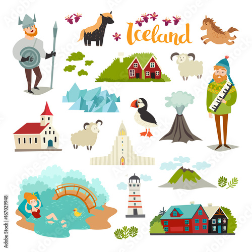 Iceland landmarks vector icons set. Illustrated travel collection. Icelandic travel attraction. Church, houses, puffin, lighthouse and mountains isolated on white background
