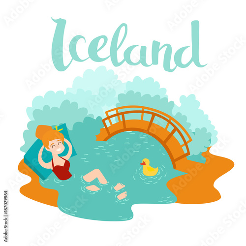 Blue lagoon Icelandic landmark vector icon. Cartoon woman swim at hot fountain. Vector illustration, isolated on white background