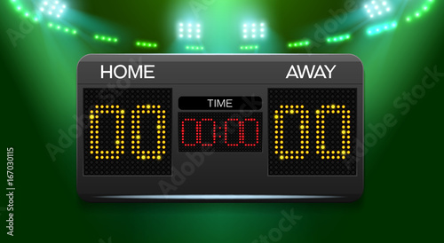 Scoreboard with time and result display and spotlight photo
