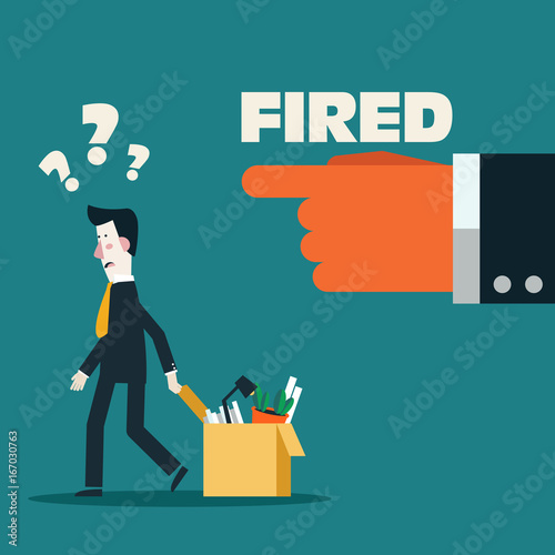 Dismissed frustrated business man carrying box with her things. Angry boss firing employee. Unemployment, crisis, jobless and employee job reduction concept vector design