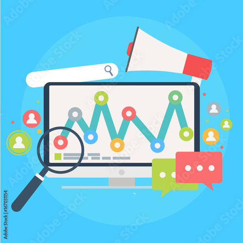 Search Engine Marketing banner. Computer with object, diagram, user icon