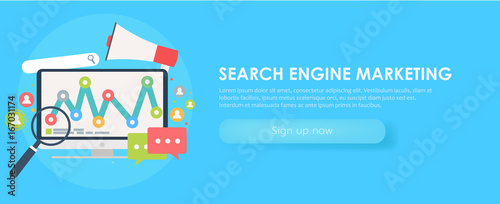 Search Engine Marketing banner. Computer with object, diagram, user icon