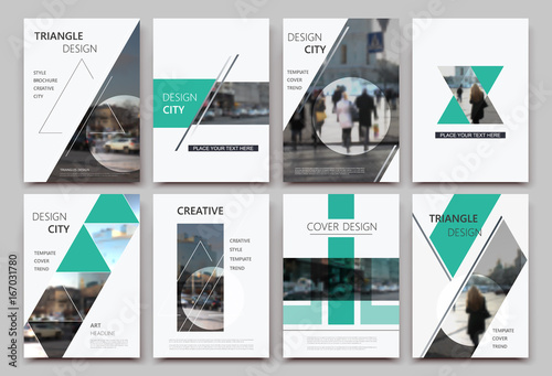 A4 brochure cover design. Templates for flyer, ad text font, info banner frame or title sheet model set. Modern vector front page art with urban city street texture. Patch triangle, round figure icon