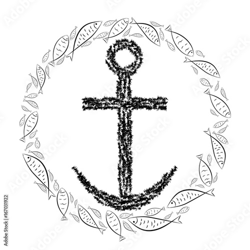 Anchor cross in the Christian religion in a circle of fish. Cross and crescent symbols of the birth of Christ from the body of Mary. Vector design.