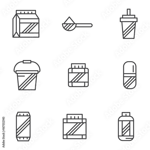 Bodybuilding supplements black line vector icons