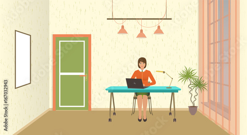 Office room interior with working employee at the table. Young woman on the workspace with laptop.
