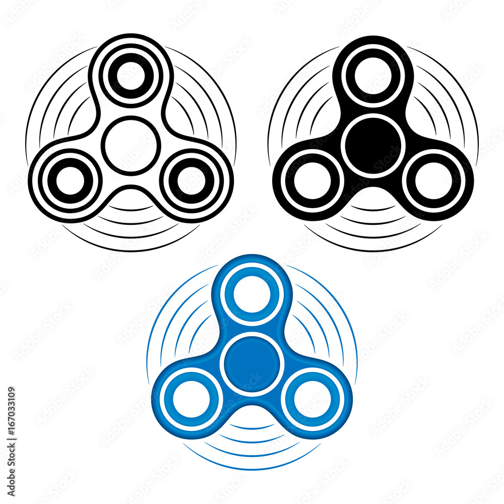 Set of fidget spinner in three different types: contour, black and white  and colored. Hand rotation antistress toy. Stock Vector
