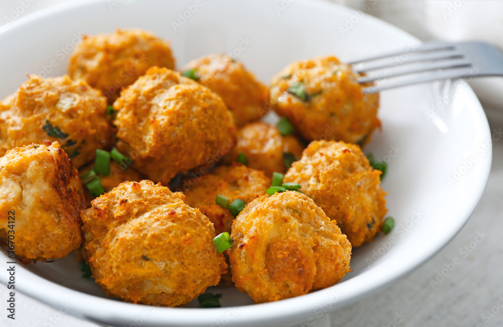 Bowl with delicious turkey meatballs on table, closeup Bowl with delicious turkey meatballs on table, closeup