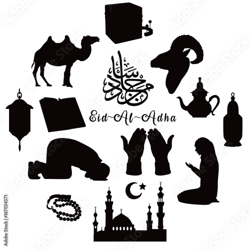 Muslim holiday Eid-al-Adha. Black silhouettes of symbols with text on white background. Vector illustration.