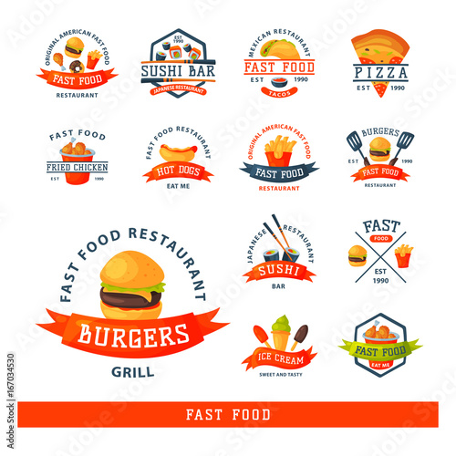 Colorful cartoon fast food label logo isolated restaurant tasty american cheeseburger badge mea meal vector illustration.