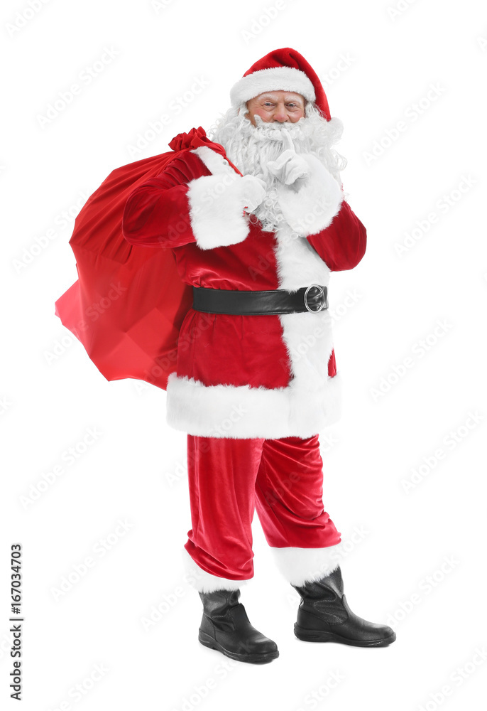 Authentic Santa Claus with big gift bag on white background Authentic Santa Claus with big gift bag on white background