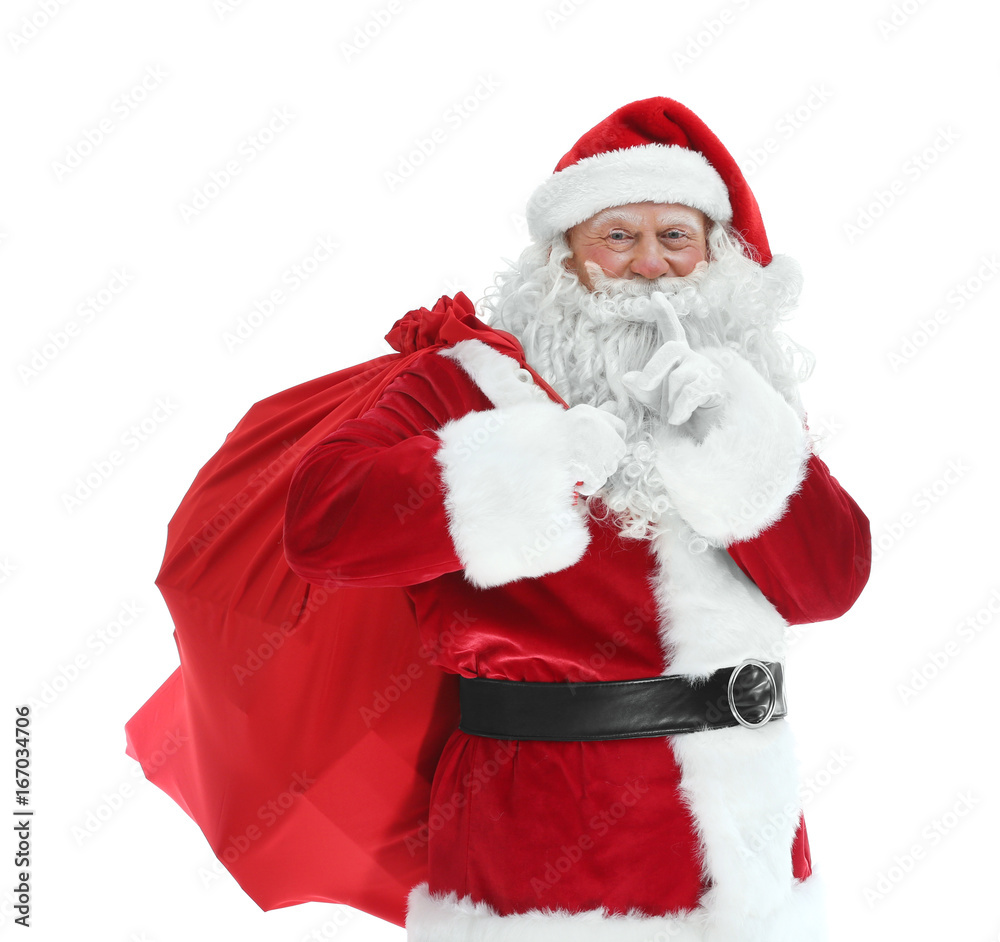 Authentic Santa Claus with big gift bag on white background Authentic Santa Claus with big gift bag on white background