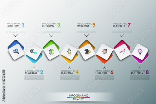 Infographic design template with timeline and 8 connected square elements