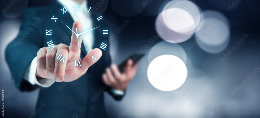 Businessman hand press clock time button icon Businessman hand press clock time button icon