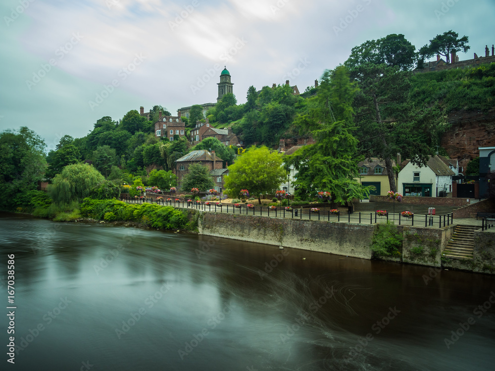 View of Bridgnorth from the river Severn, long exposure. Bridgnorth, Shropshire, UK. 