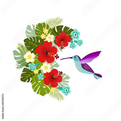 Flying hummingbird drinking nectar from tropical flower.Trendy tropical jungle design with palm, monstera leaf and hibiscus. Vector illustration.