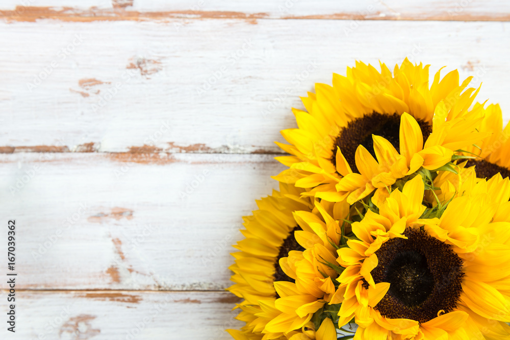 Yellow Sunflower Bouquet on White Rustic Background - obrazy, fototapety, plakaty 